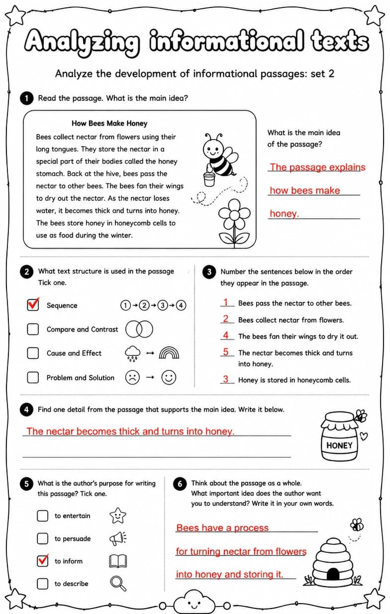 Answer key for Analyze the development of informational passages: set 2 — free printable English & Reading worksheet