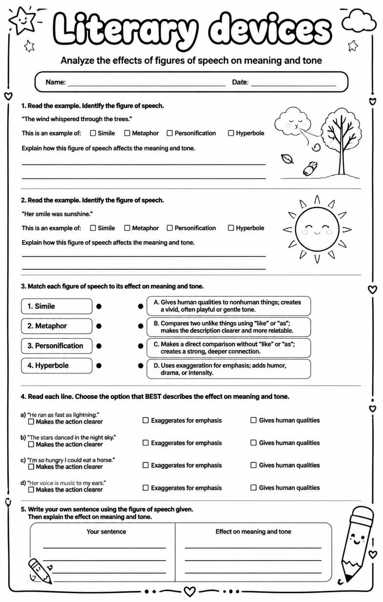 Analyze the effects of figures of speech on meaning and tone — free printable Reading strategies English worksheet
