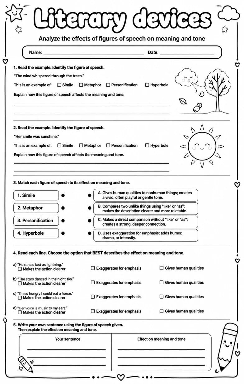 Analyze the effects of figures of speech on meaning and tone — free printable High School English & Reading worksheet