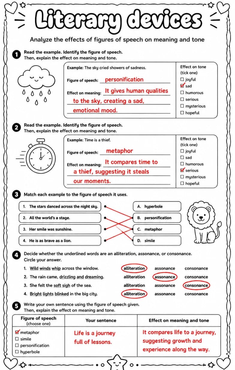 Answer key for Analyze the effects of figures of speech on meaning and tone — free printable English & Reading worksheet