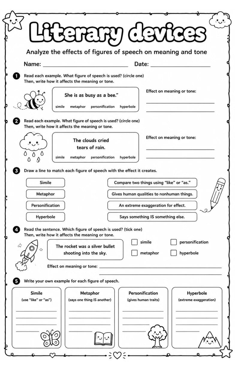 Analyze the effects of figures of speech on meaning and tone — free printable Grade 4 English & Reading worksheet