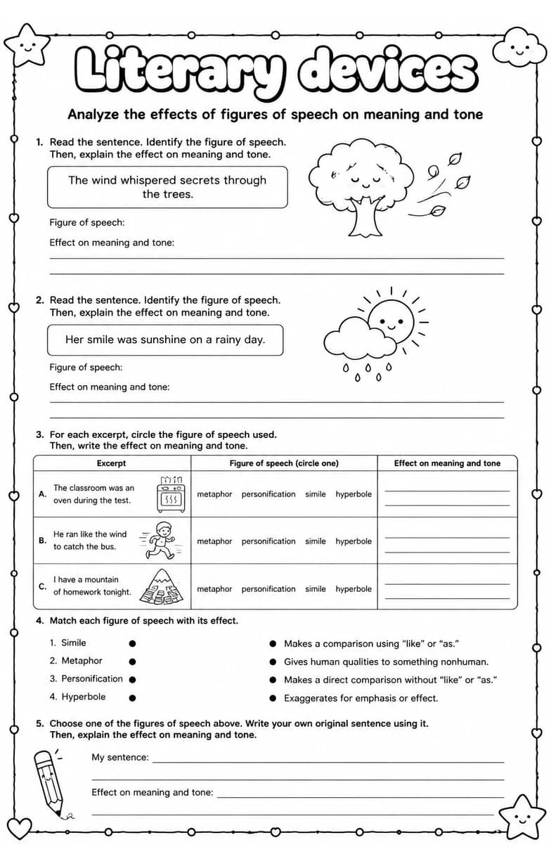 Analyze the effects of figures of speech on meaning and tone — free printable Reading strategies English worksheet