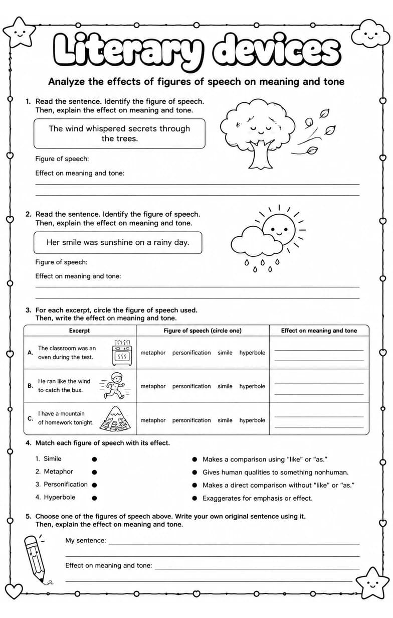Analyze the effects of figures of speech on meaning and tone — free printable Grade 5 English & Reading worksheet