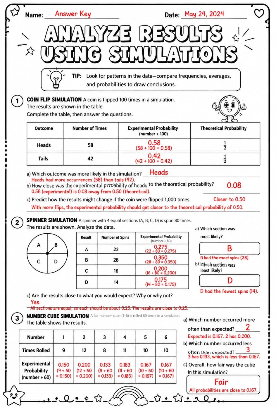 Answer key for Analyze the results of an experiment using simulations — free printable Math worksheet