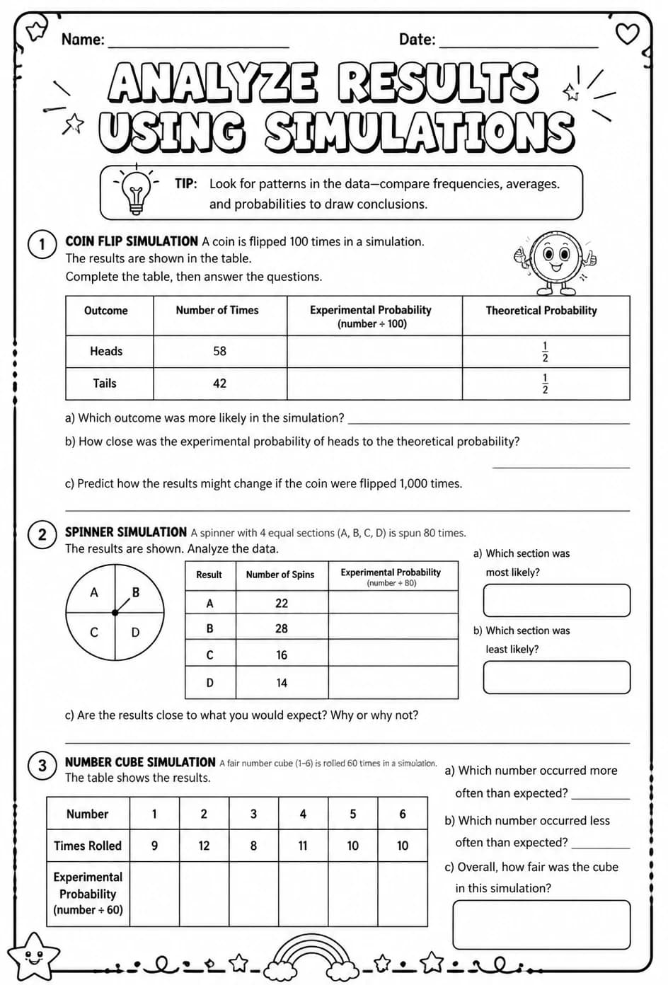 Analyze the results of an experiment using simulations — free printable Algebra 2 math worksheet