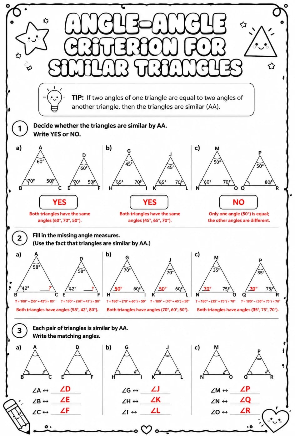 Answer key for Angle-angle criterion for similar triangles — free printable Math worksheet