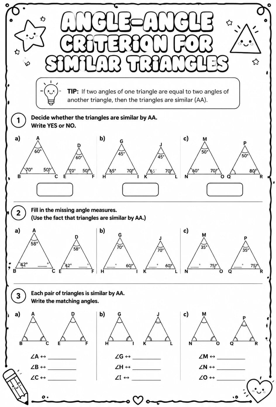 Angle-angle criterion for similar triangles — free printable Geometry math worksheet