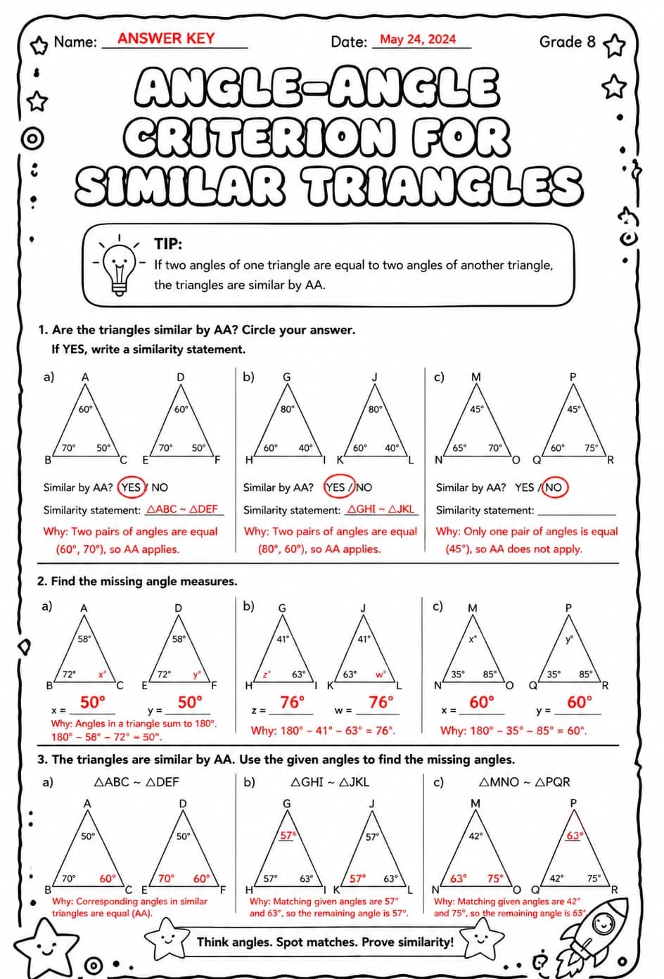 Answer key for Angle-angle criterion for similar triangles — free printable Math worksheet