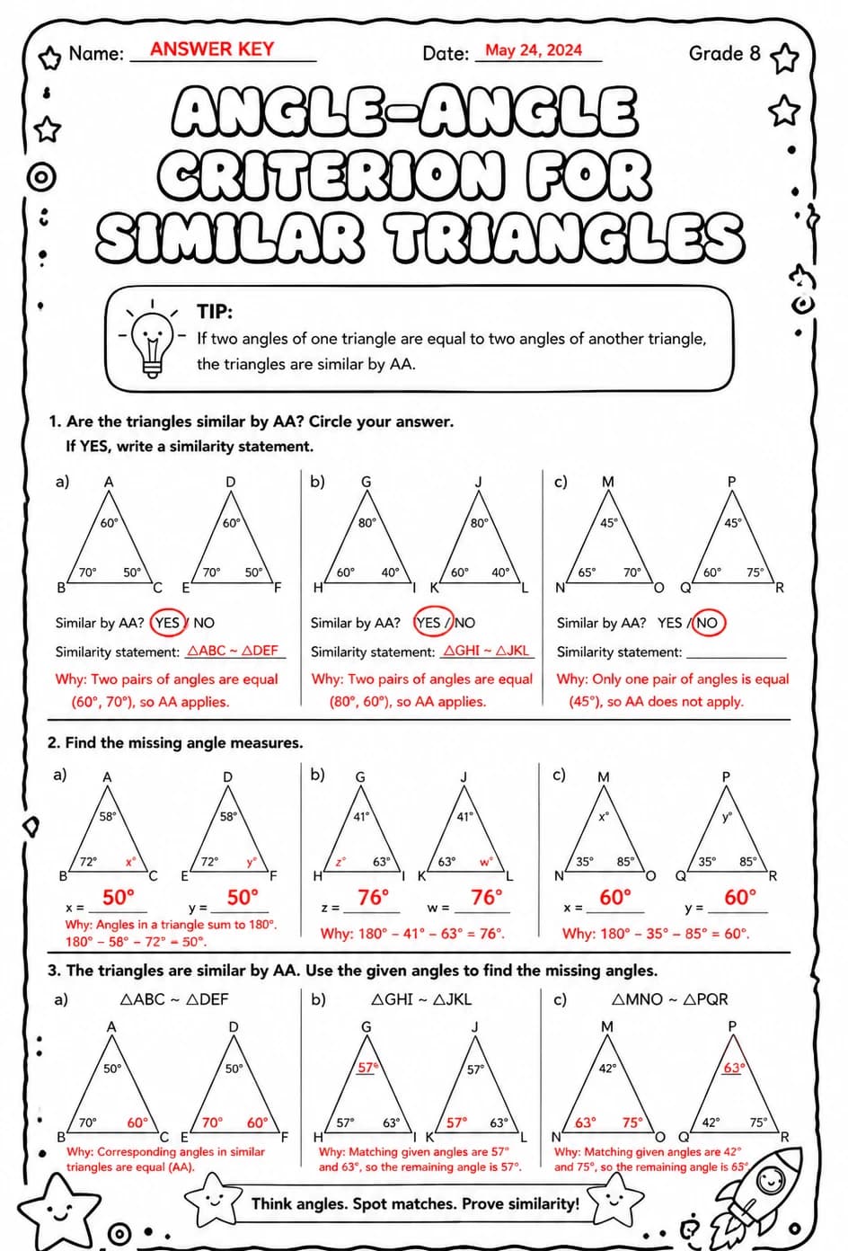 Answer key for Angle-angle criterion for similar triangles — free printable Math worksheet
