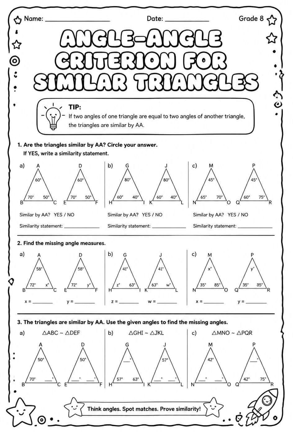 Angle-angle criterion for similar triangles — free printable Grade 8 math worksheet