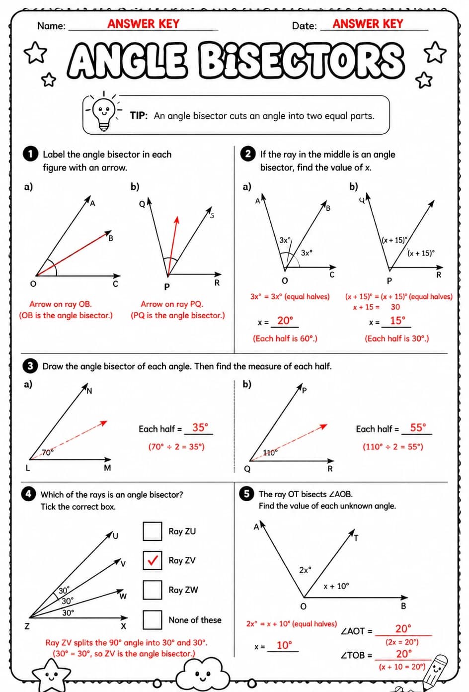 Answer key for Angle bisectors — free printable Math worksheet