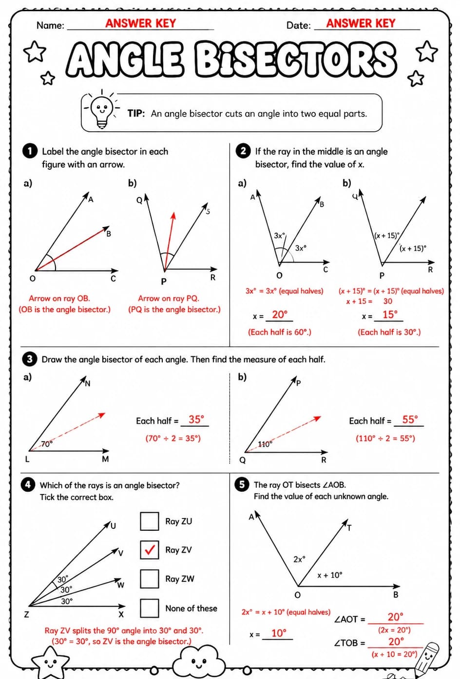 Answer key for Angle bisectors — free printable Math worksheet