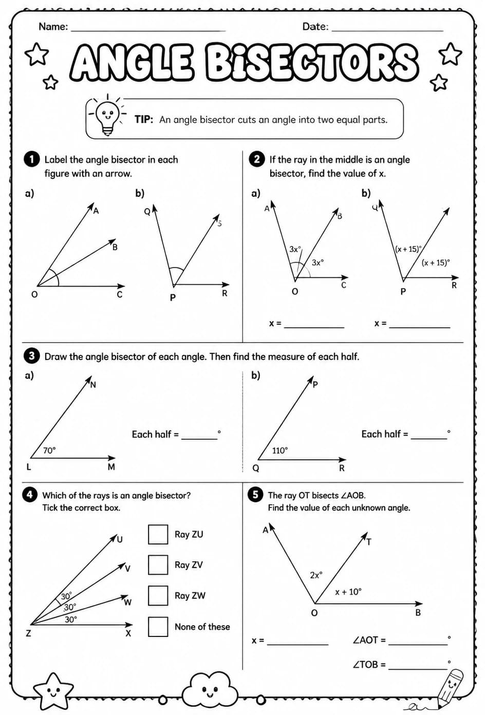 Angle bisectors — free printable Geometry math worksheet