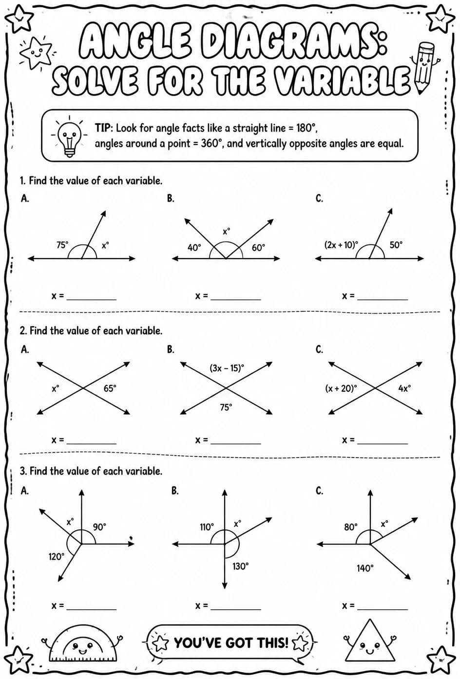 Angle diagrams: solve for the variable — free printable High School Math worksheet
