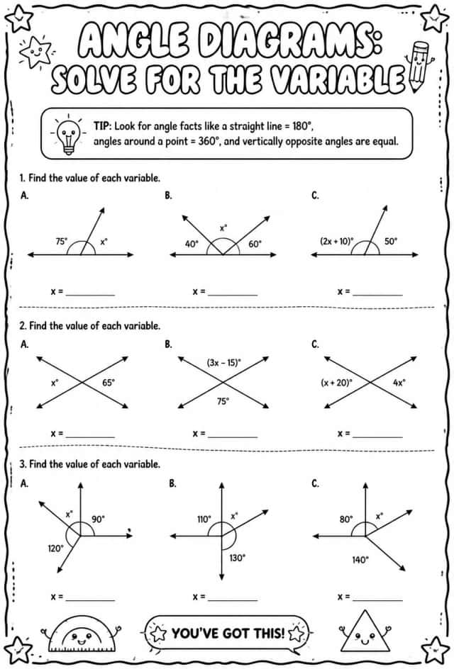 Angle diagrams: solve for the variable
