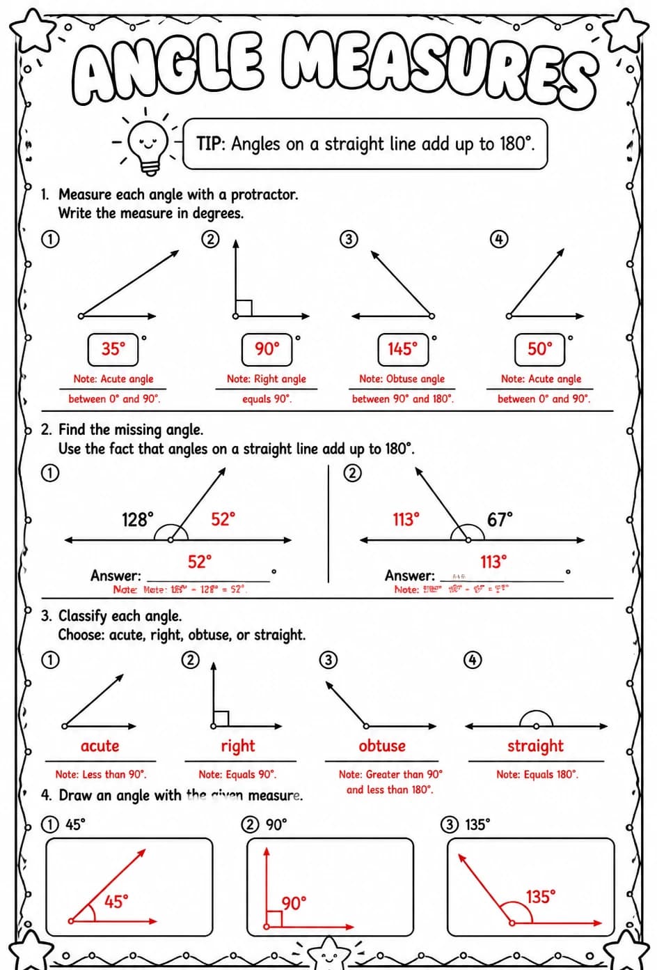Answer key for Angle measures — free printable Math worksheet