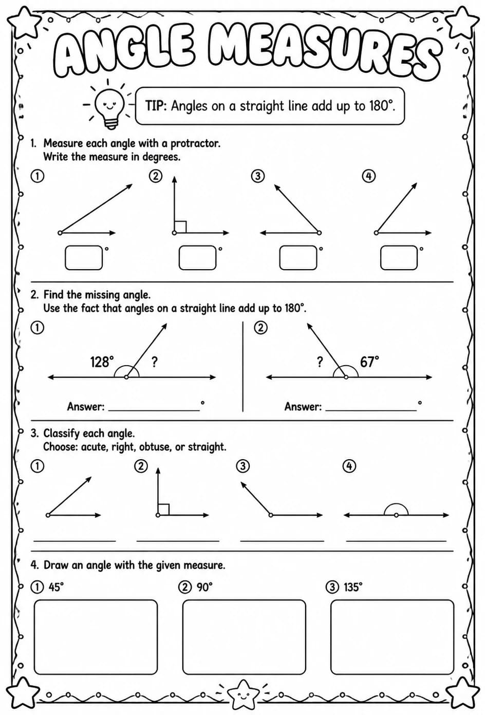 Angle measures — free printable Geometry math worksheet