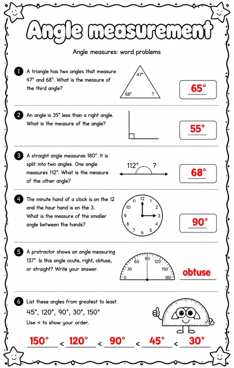 Answer key for Angle measures: word problems — free printable Math worksheet