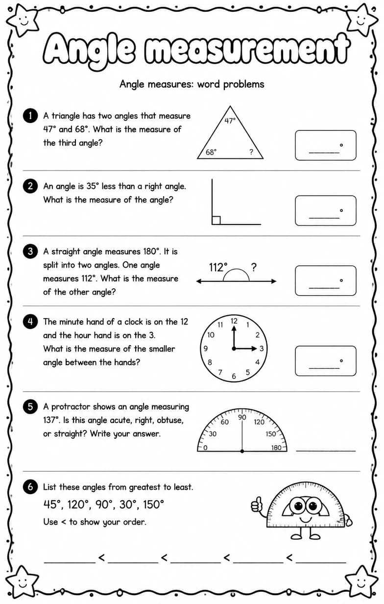 Angle measures: word problems — free printable Grade 4 Math worksheet