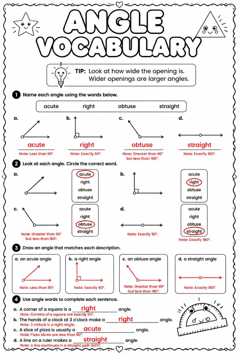 Answer key for Angle vocabulary — free printable Math worksheet