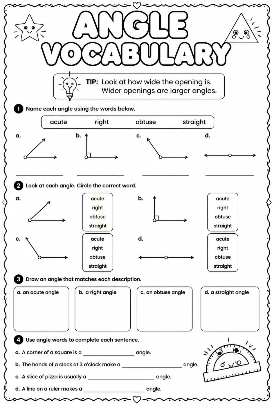 Angle vocabulary — free printable Geometry math worksheet