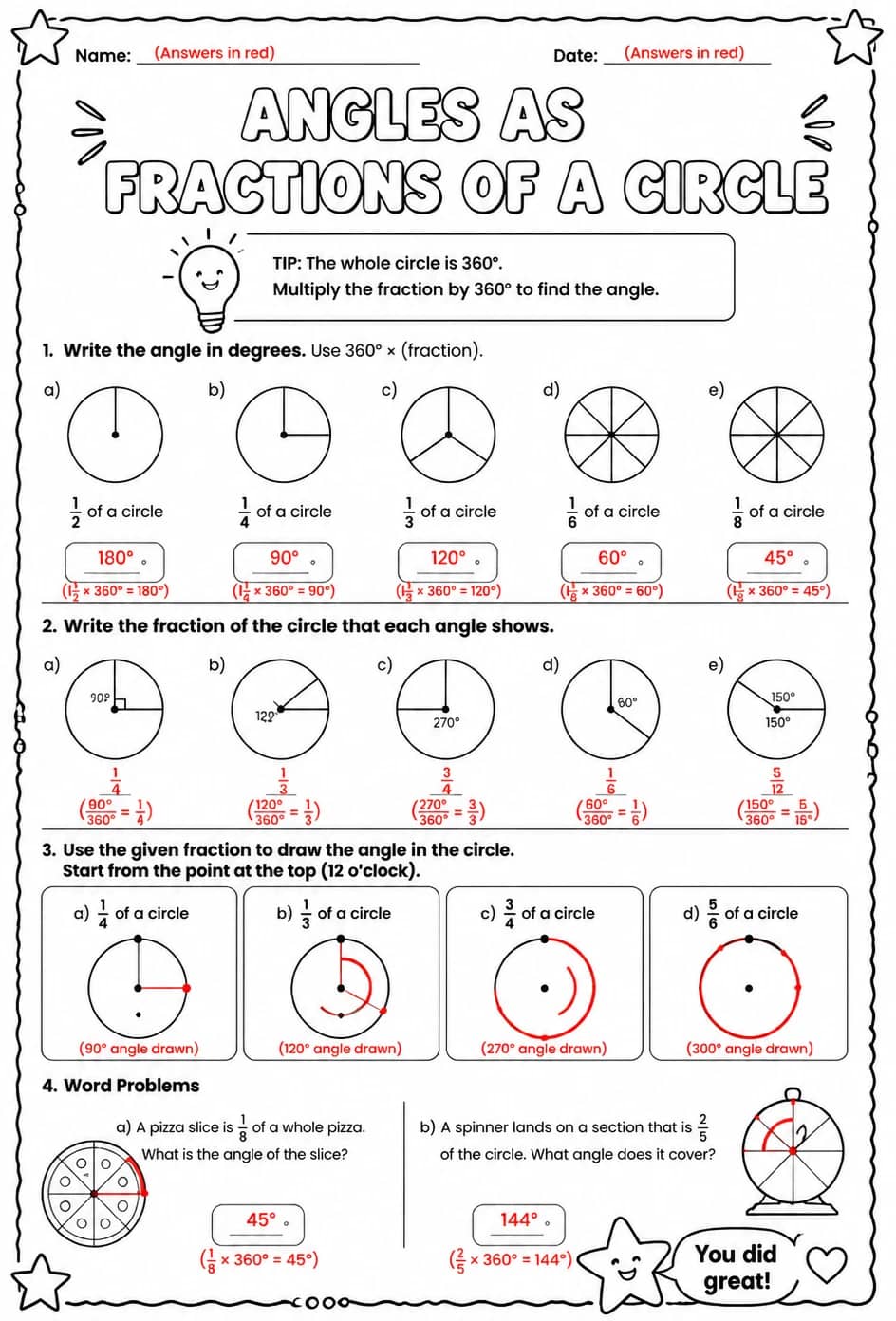 Answer key for Angles as fractions of a circle — free printable Math worksheet
