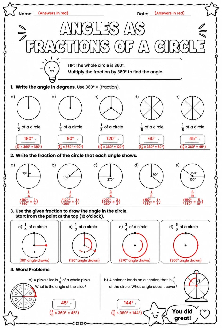 Answer key for Angles as fractions of a circle — free printable Math worksheet