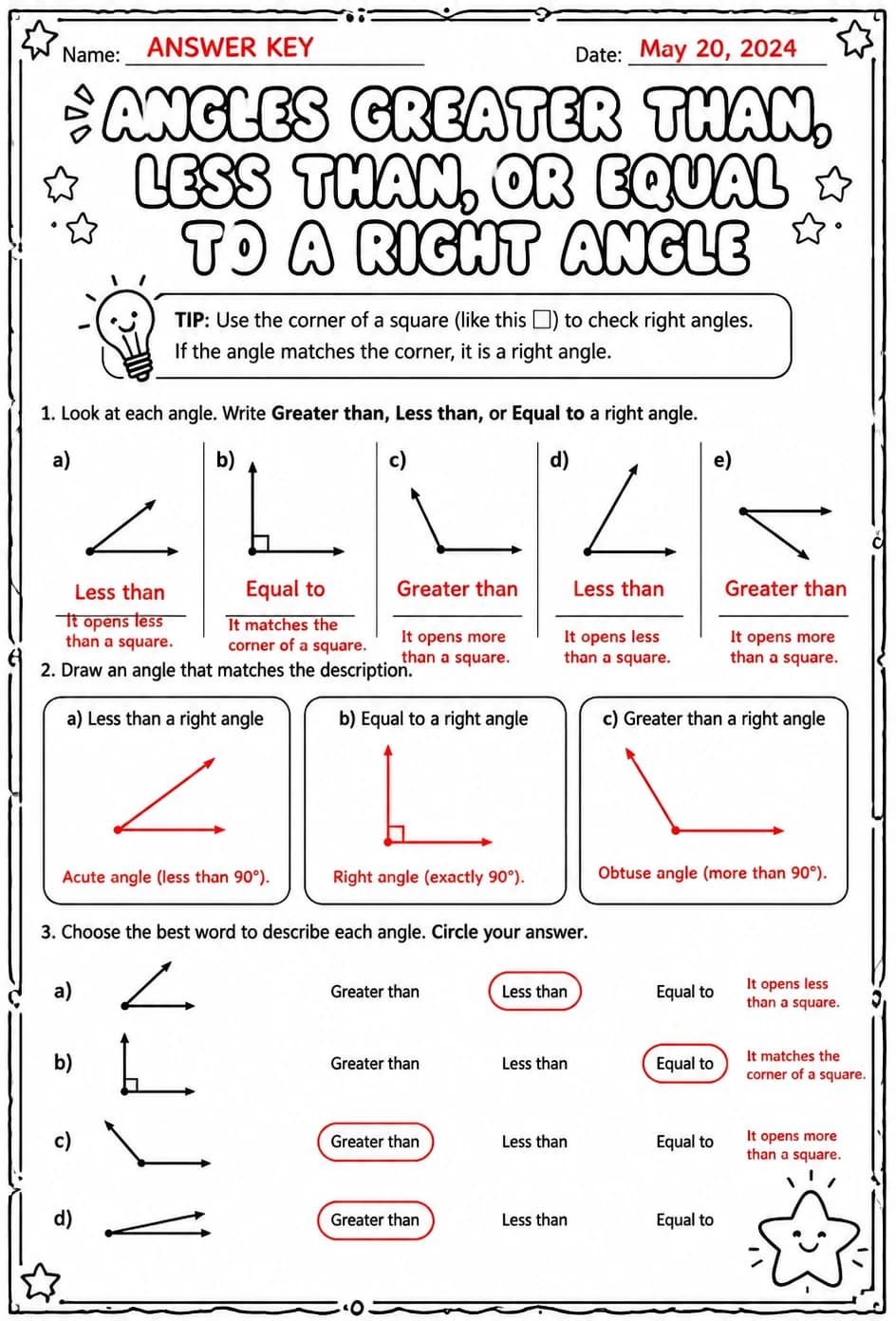 Answer key for Angles greater than, less than, or equal to a right angle — free printable Math worksheet