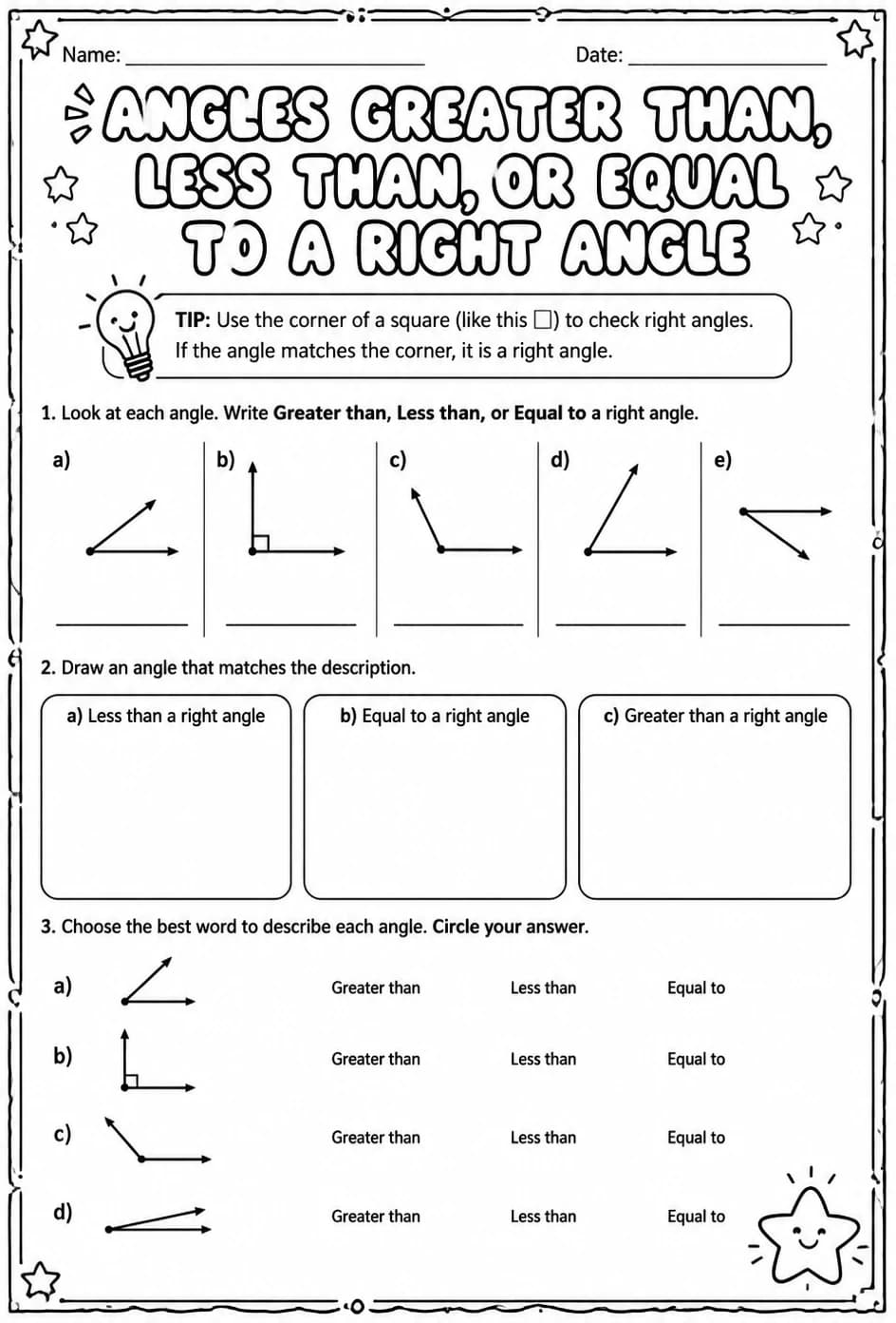 Angles greater than, less than, or equal to a right angle — free printable Grade 3 math worksheet