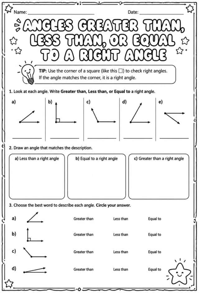 Angles greater than, less than, or equal to a right angle