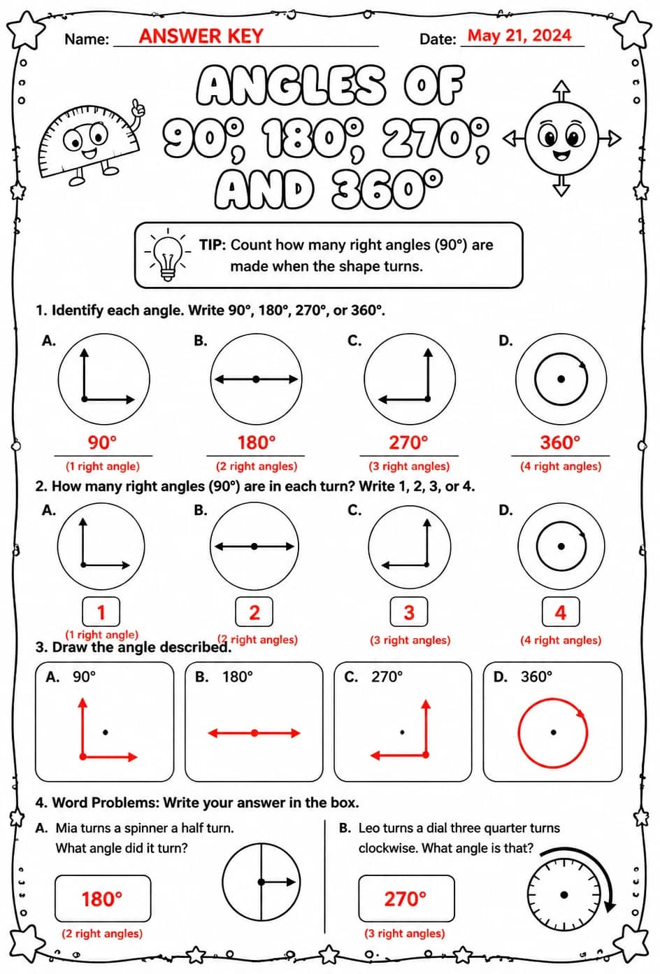 Answer key for Angles of 90, 180, 270, and 360 degrees — free printable Math worksheet
