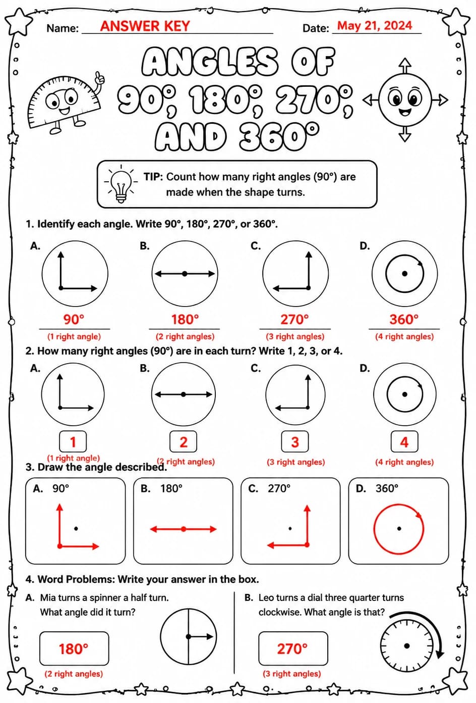 Answer key for Angles of 90, 180, 270, and 360 degrees — free printable Math worksheet