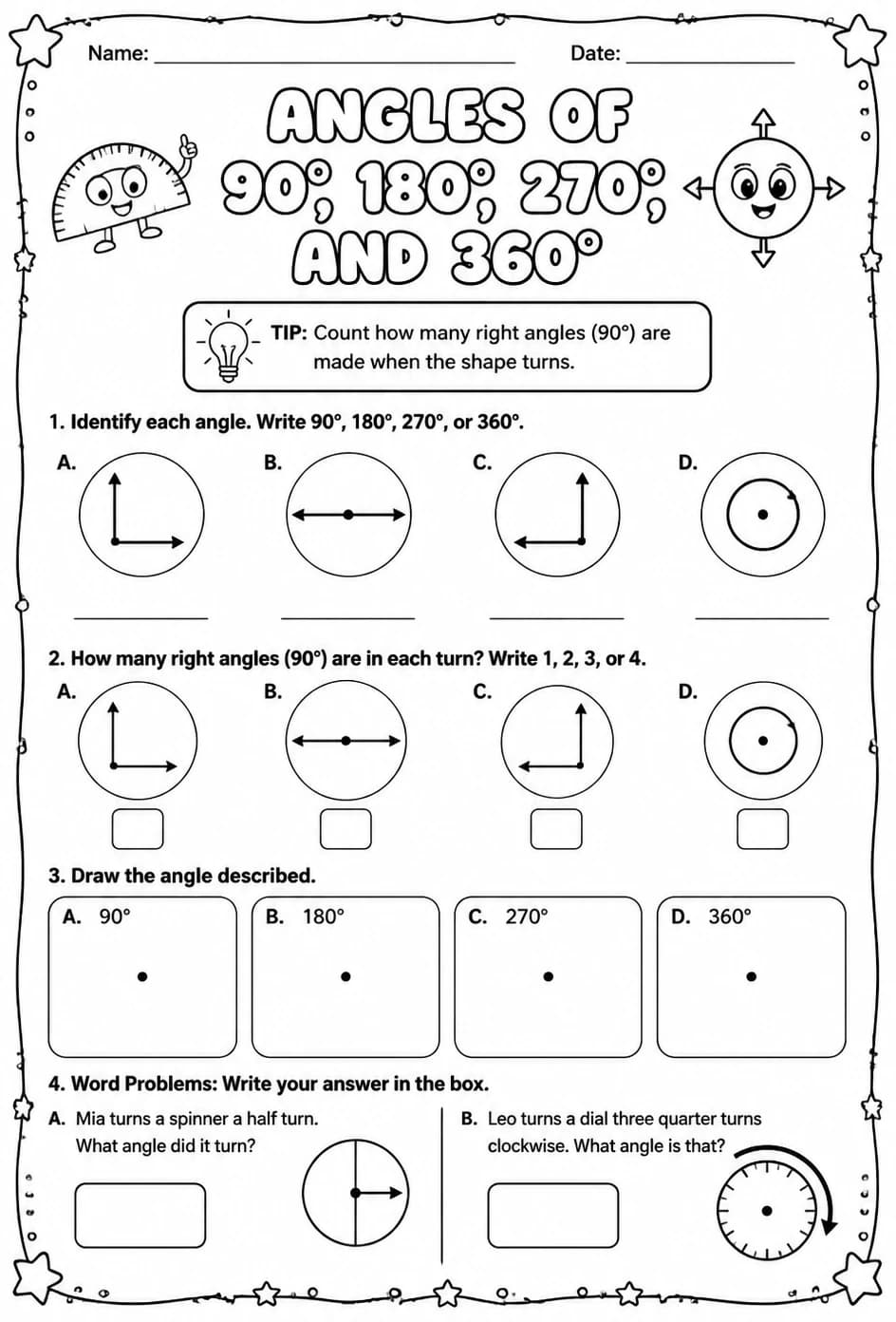 Angles of 90, 180, 270, and 360 degrees — free printable Grade 4 math worksheet