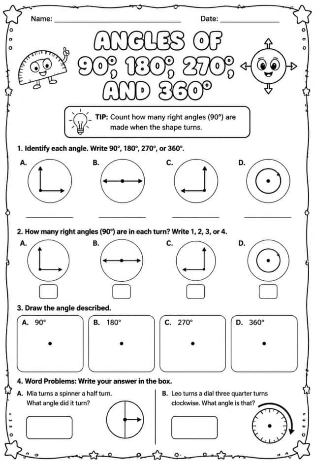 Angles of 90, 180, 270, and 360 degrees