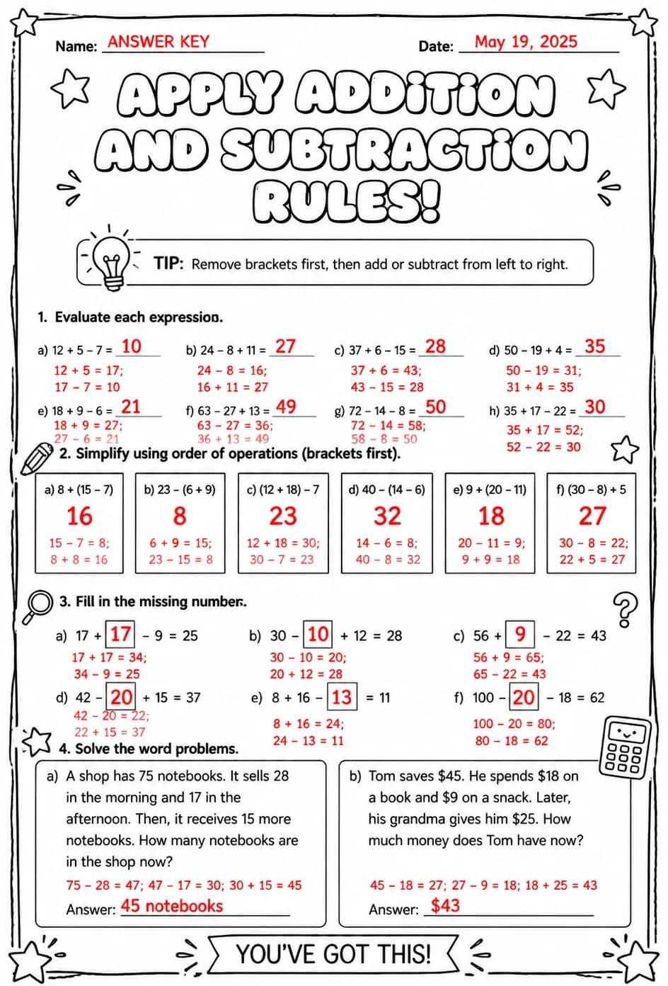 Answer key for Apply addition and subtraction rules — free printable Math worksheet