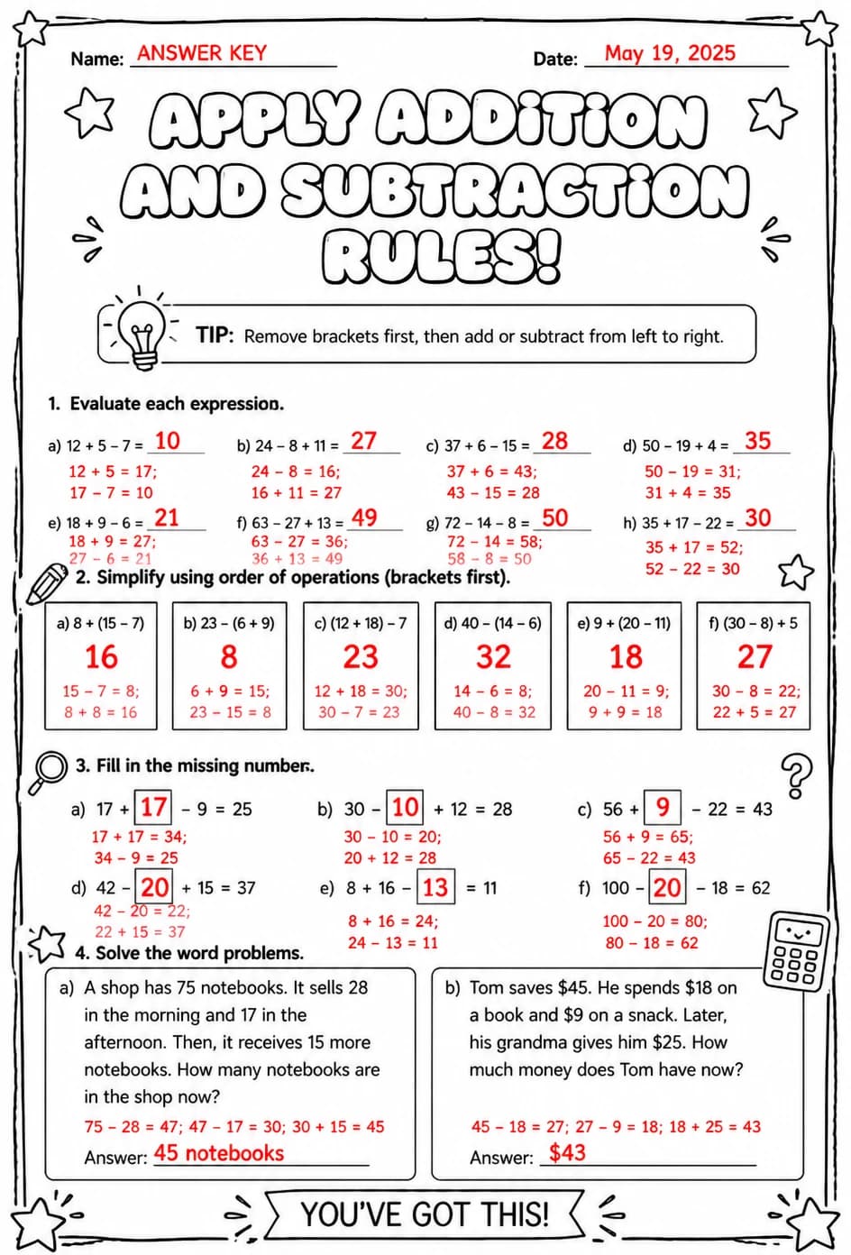 Answer key for Apply addition and subtraction rules — free printable Math worksheet