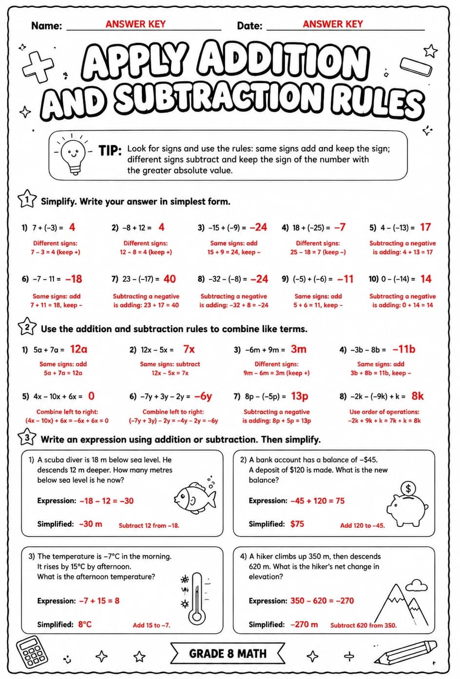 Answer key for Apply addition and subtraction rules — free printable Math worksheet