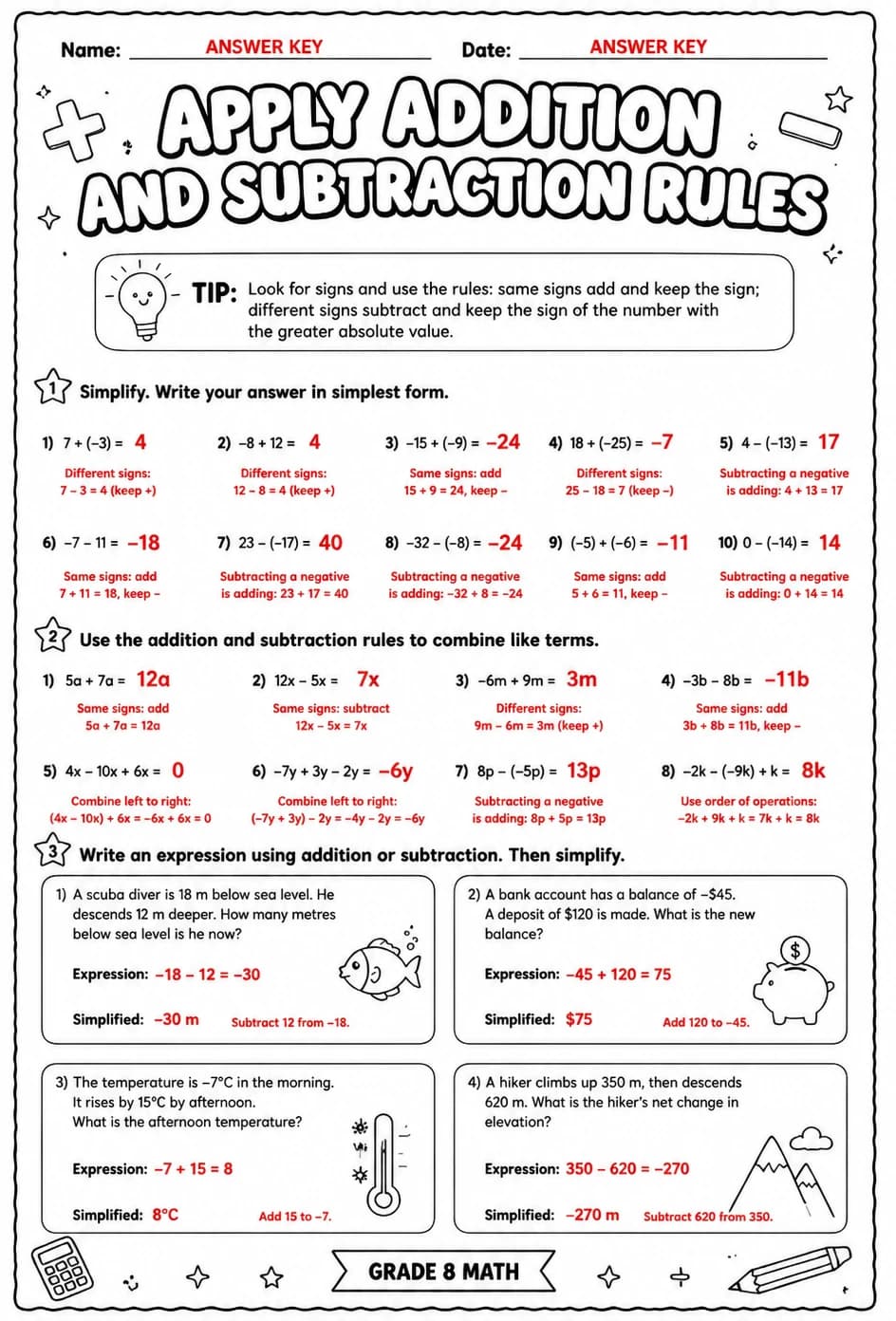 Answer key for Apply addition and subtraction rules — free printable Math worksheet