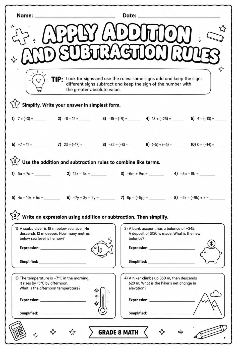Apply addition and subtraction rules — free printable Grade 8 math worksheet