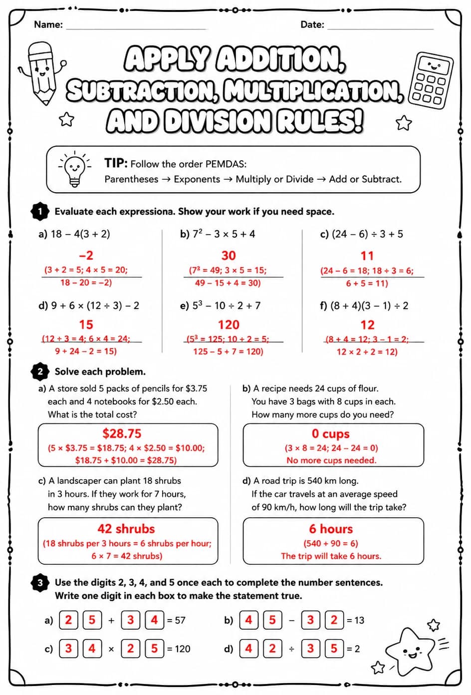 Answer key for Apply addition, subtraction, multiplication, and division rules — free printable Math worksheet