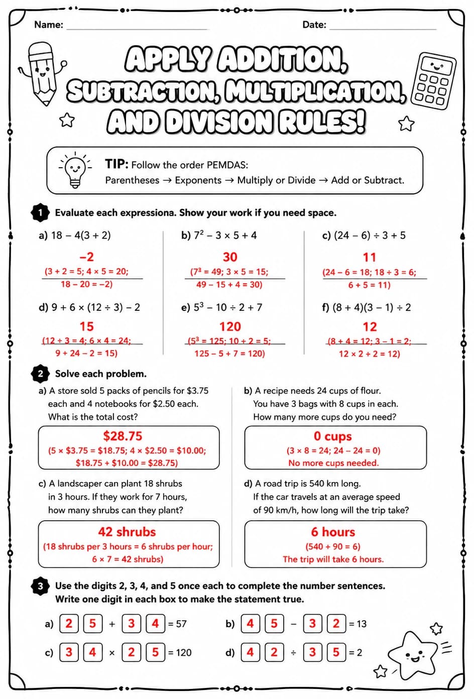 Answer key for Apply addition, subtraction, multiplication, and division rules — free printable Math worksheet