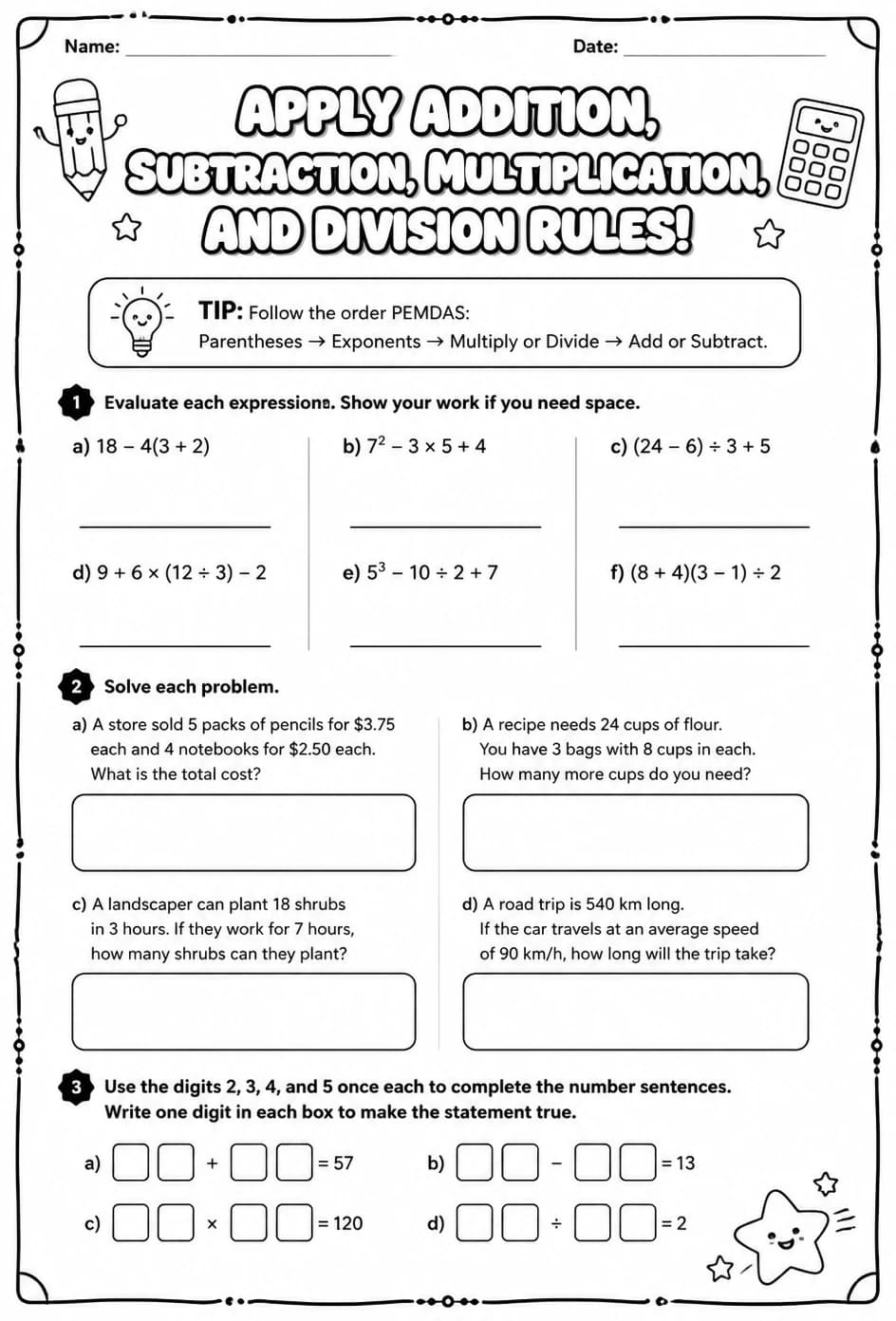 Apply addition, subtraction, multiplication, and division rules — free printable Grade 8 math worksheet