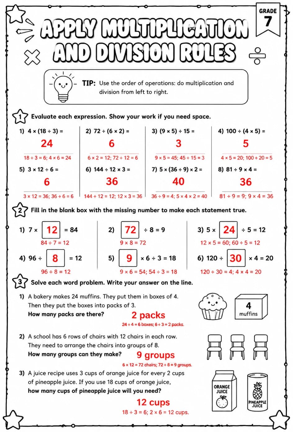 Answer key for Apply multiplication and division rules — free printable Math worksheet