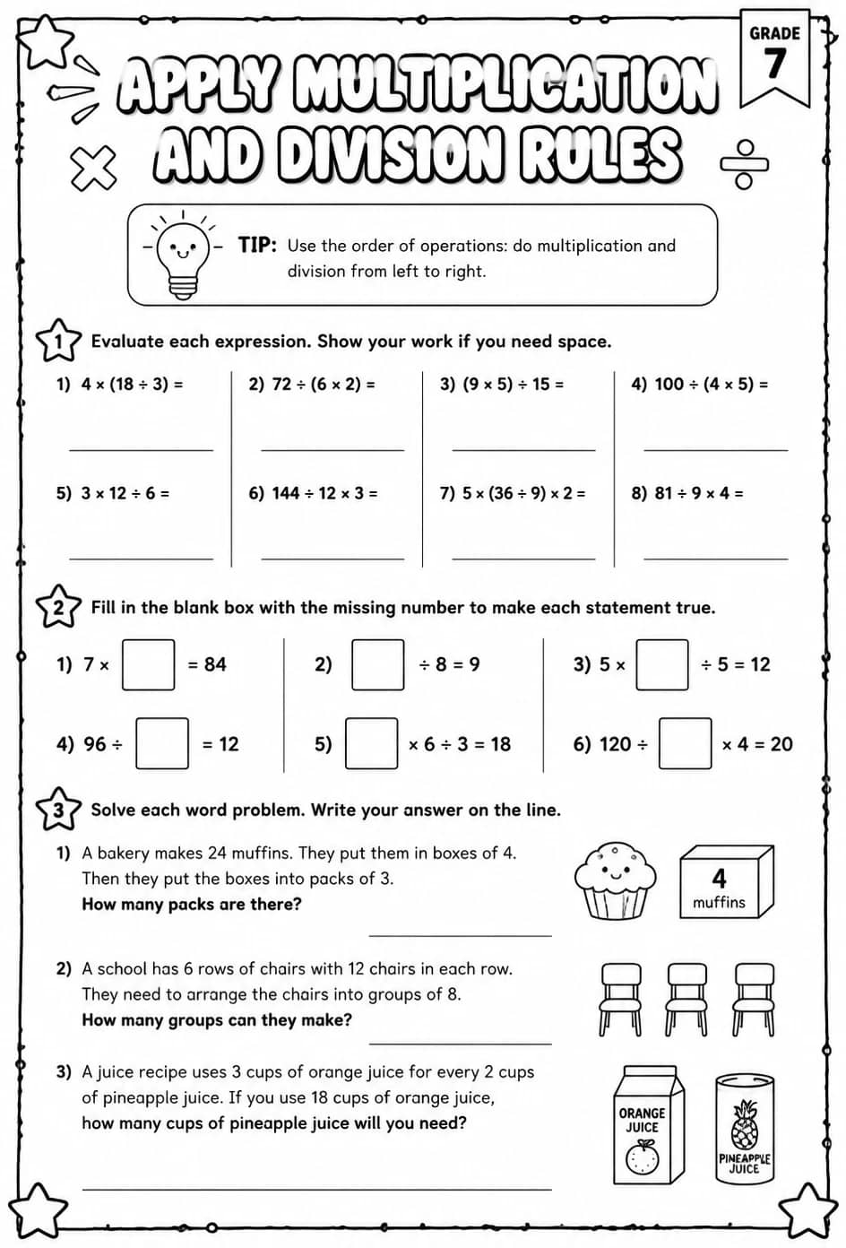 Apply multiplication and division rules — free printable Grade 7 math worksheet
