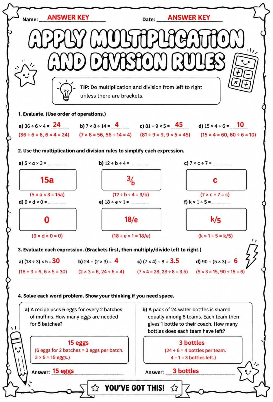 Answer key for Apply multiplication and division rules — free printable Math worksheet