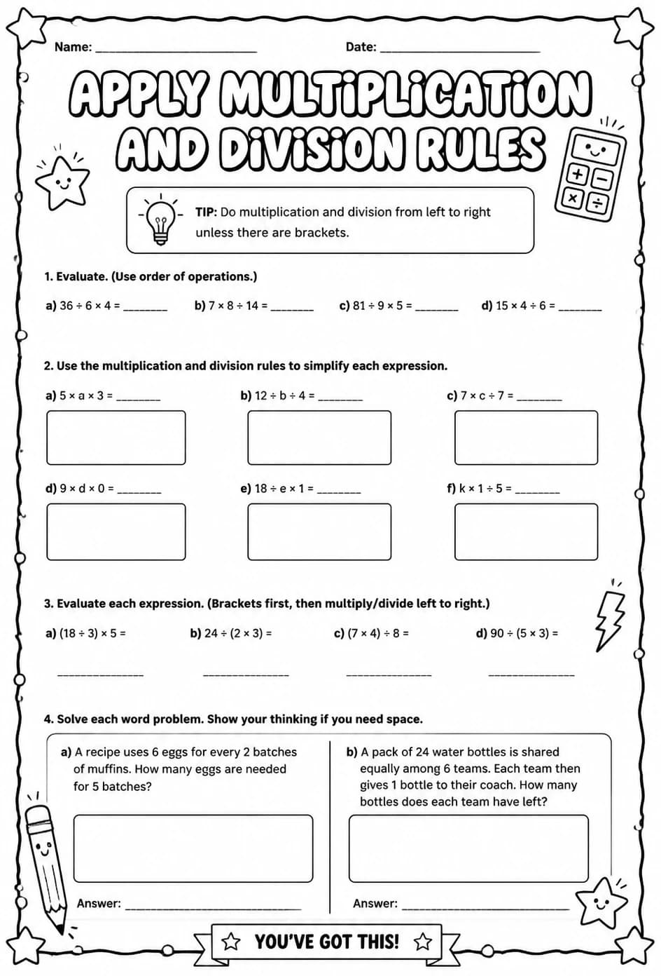 Apply multiplication and division rules — free printable Grade 8 math worksheet