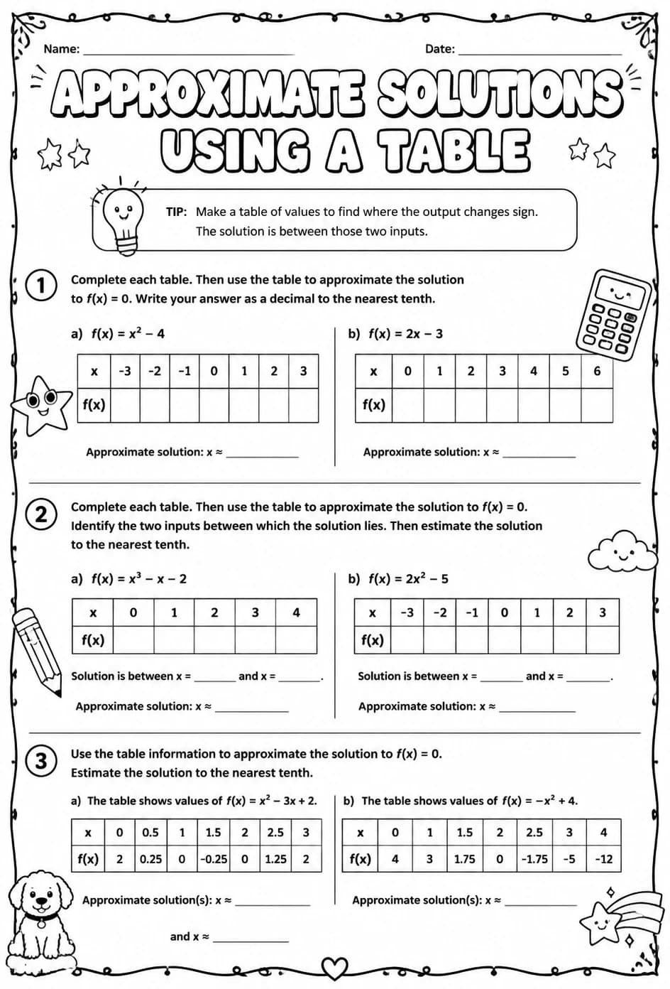 Approximate solutions using a table — free printable Algebra 1 math worksheet