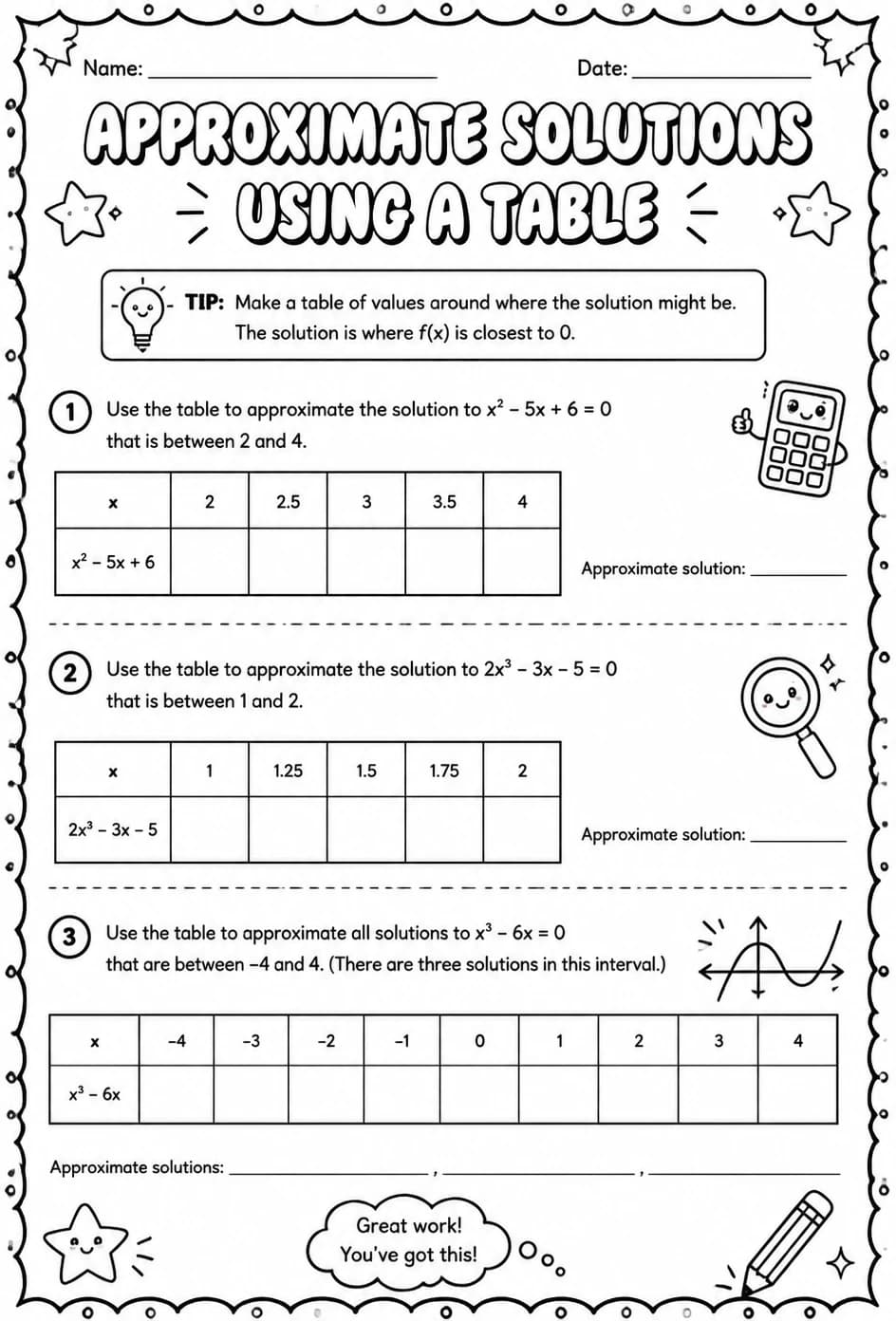 Approximate solutions using a table — free printable Algebra 2 math worksheet