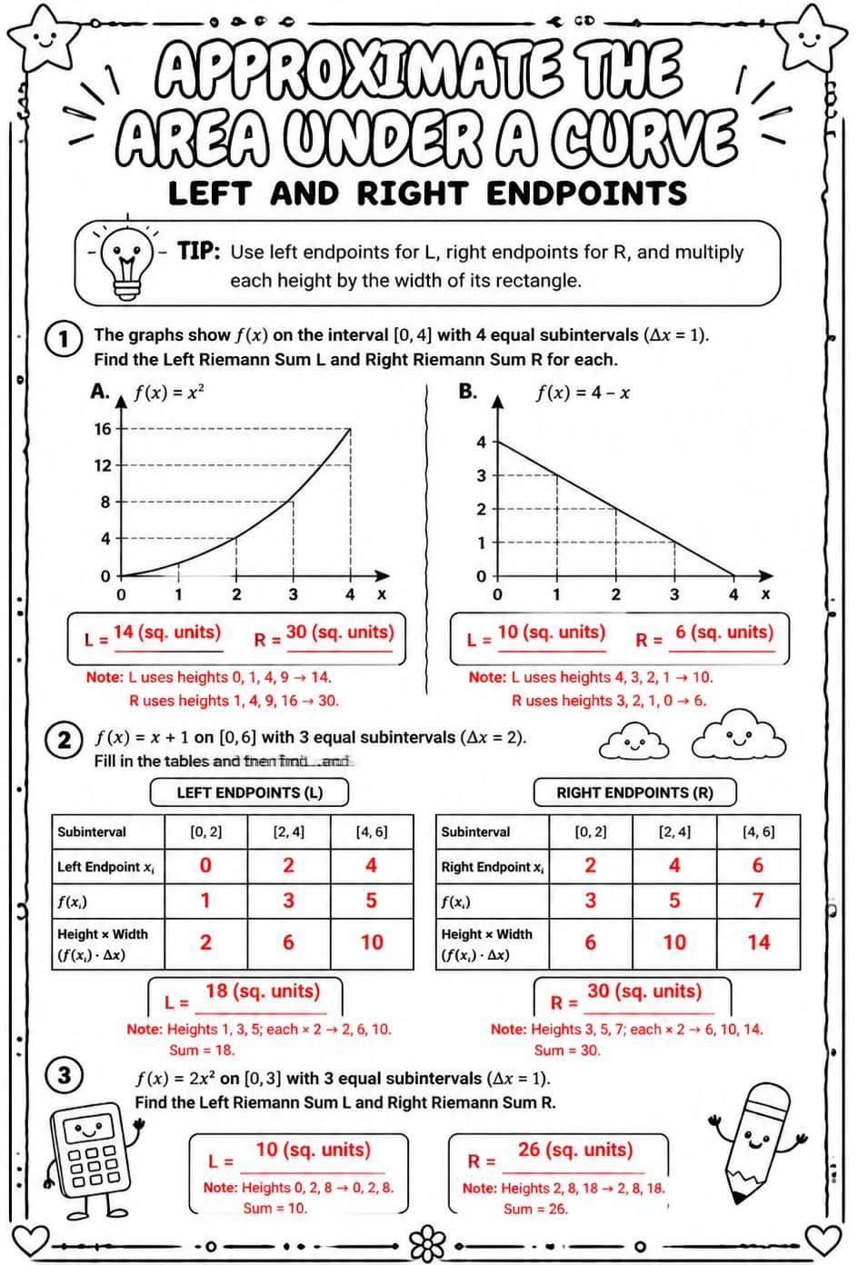 Answer key for Approximate the area under a curve: left and right endpoints — free printable Math worksheet