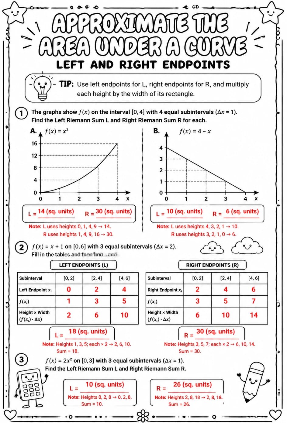 Answer key for Approximate the area under a curve: left and right endpoints — free printable Math worksheet
